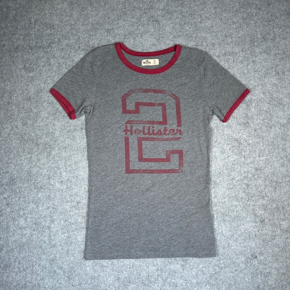 Hollister T-Shirt Women Small Gray Red Ringer Graphic Logo Y2K Preppy Casual